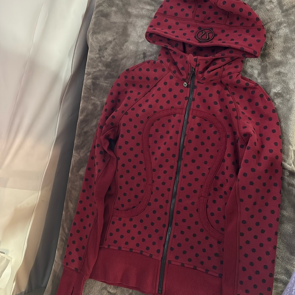 lululemon athletica Maroon Zip-Up Hoodie with Black Polka Dots